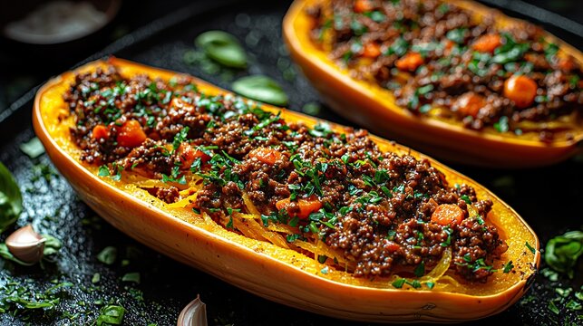 Baked spaghetti squash topped with rich vegan bolognese sauce HD 8K eid ul azha wallpaper Photographic Image