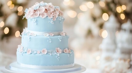 Elegant blue wedding cake adorned with delicate decorations, festive ambiance, perfect for celebrations and special events.