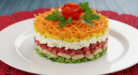 Layered Vegetable Salad with Carrot Garnish and Tomato Rose Decoration on White Plate