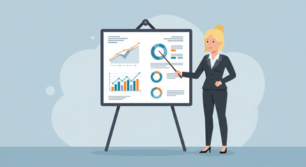 Fototapeta premium Blonde Businesswoman Presenting Financial Data Charts and Graphs on Whiteboard Illustration
