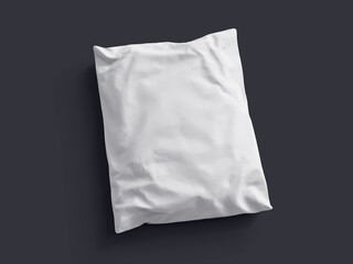 White pillow pack-style packaging mockup placed on a dark grey background. Realistic creases and soft shadows perfect for branding coffee, snacks, or supplements.