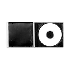 Top view of an open CD jewel case showing a blank white disc on one side and black insert on the other. Perfect for digital product mockups, music branding, or presentation templates.