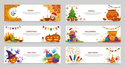 Set of six major global holiday celebration vector banners: Eid Mubarak, Diwali, Christmas, Halloween, Holi, and New Year.