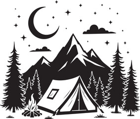 Tent Under the Stars Silhouette

Campfire Night Scene Vector

Family Camping Trip Silhouette Art

Forest Camping with Mountains Background

Adventure Camping Scene in Wilderness