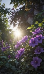 Obraz premium Intricate purple flower, lush leaves, sunlight , color, purple flower, beautiful