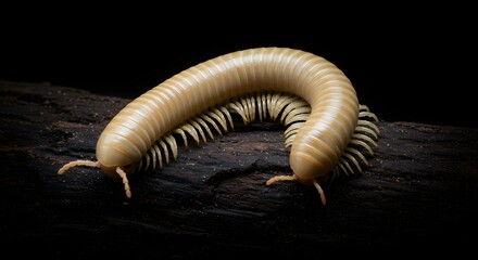 Obraz premium Millipede Crawling on Dark Wood in Macro Shot