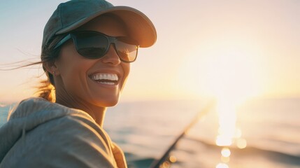 Fototapeta premium Happy woman fishing at sunrise, smiling in casual attire, enjoying serenity of nature, vibrant colors and calm waters.