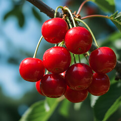 Obraz premium Fresh Red Cherries on Branch: Juicy Summer Fruit