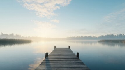 Naklejka premium Serene lakeside view, tranquil dock extending into calm waters at sunrise, perfect for relaxation and reflection.