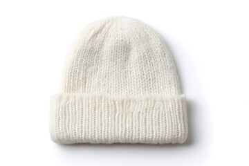 White Knitted Beanie Hat isolated, no shadow, white background