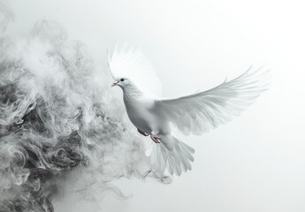 White Dove Emerging from Gray Smoke Cloud