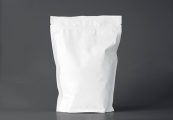 stand-up pouch, white packaging, food bag, foil pack, product mockup, standing package, dark background, clean branding, coffee pouch, protein packaging, isolated product, matte finish, minimal design