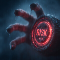Naklejka premium 3d rendering of a risk dial rapidly spinning towards high with flashing red lights and a sense of urgency, a hand reaching out to stop it, dark background,