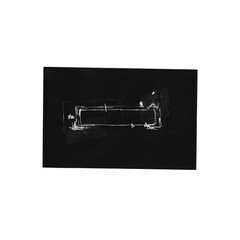 A minimal abstract composition featuring a white hand-drawn sketch on black paper, taped with transparent strips. This artsy visual is ideal for collage assets, zine layouts, or contemporary poster.