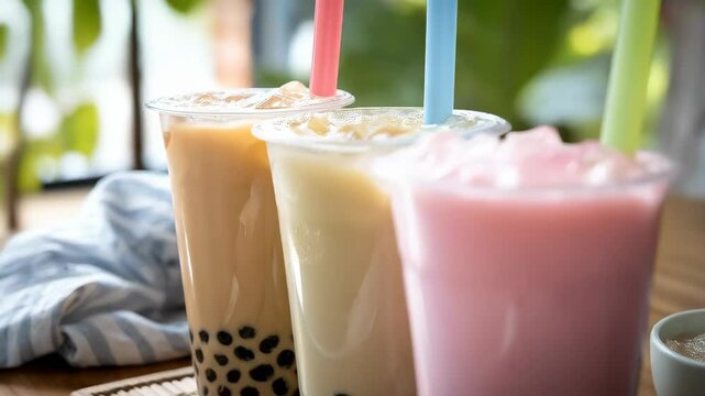 Three colorful bubble teas with tapioca pearls and straws sit on a bamboo mat with a bowl of topping.