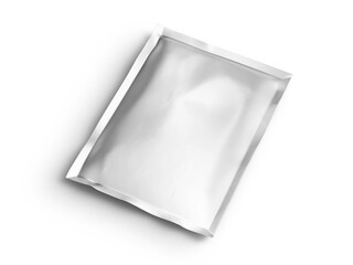 A shiny white foil packaging mockup with subtle crinkles, placed diagonally on a black background. This clean and modern packaging scene is perfect for branding previews, e-commerce visuals.