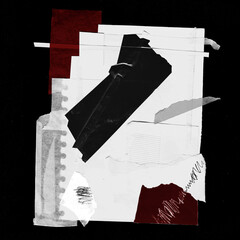 collage design combining black and white paper layers with subtle red elements, conveying a modern graphic and mixed-media style. Ideal for posters, fashion art, or abstract visuals.