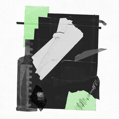 Contemporary collage design combining black and white paper layers with subtle green elements, conveying a modern graphic and mixed-media style. Ideal for posters, fashion art, or abstract visuals.