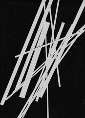 Tangled composition of thin white strips on dark canvas, creating sharp movement and tension. A bold visual fit for experimental or graphic layouts.