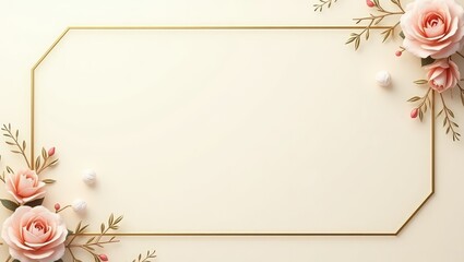 Elegant Floral Background Peach Roses Gold Frame Wedding or Invitation Design
