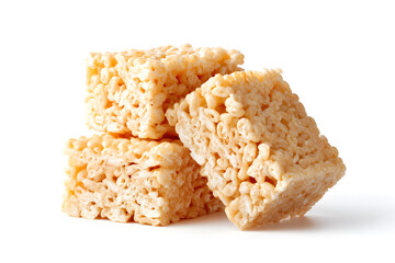 Rice Krispie square treat, light and crispy squares made from puffed rice cereal isolated on white