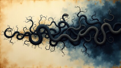 Dark Fantasy Art Entwined Serpents on Grunge Background Gothic Style Illustration