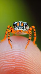 Fototapeta premium Close-Up of Colorful Jumping Spider on Human Finger in Nature