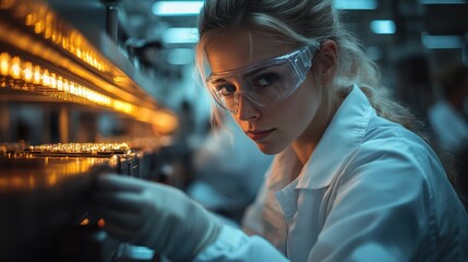 Focused female scientist engaging in laboratory research with safety gear and equipment