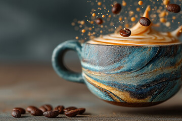  Photo of a levitating coffee cup surrounded by floating beans and swirls of cream, against a dark textured background. Worm's-eye view emphasizing surreal motion