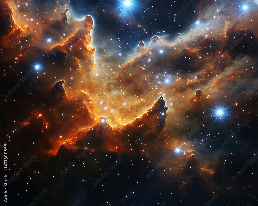 Poster vast space nebula art with glowing stars nestled within hyper-realistic gas formations.