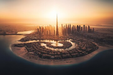 Breathtaking aerial view of Dubai at sunset.