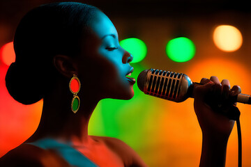 silhouette of a singer performing on a brightly lit stage with dramatic spotlights and a dark, silhouetted audience in the foreground,