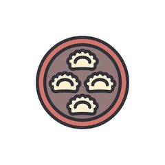 Round plate of delectable asian dumplings isolated on White Background