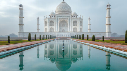 Naklejka premium Symmetrical white architecture reflected in tranquil pool of water