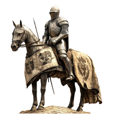 Fototapeta premium Knight in Shining Armor on Horse with Detailed Garment and Shield, Isolated on Transparent Background