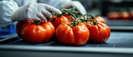 A lab technician wea gloves carefully examines fresh vine tomatoes on a conveyor belt in a food processing facility for quality control.