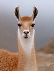 Fototapeta premium A llama with fur that is red and orange, in a foggy background, 