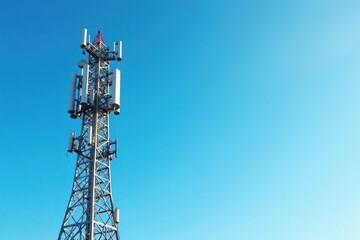 Tall antenna tower against a clear blue sky, providing cellular and broadcast communication , landscape, television