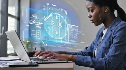 Woman working on laptop with digital clock overlay - Powered by Adobe