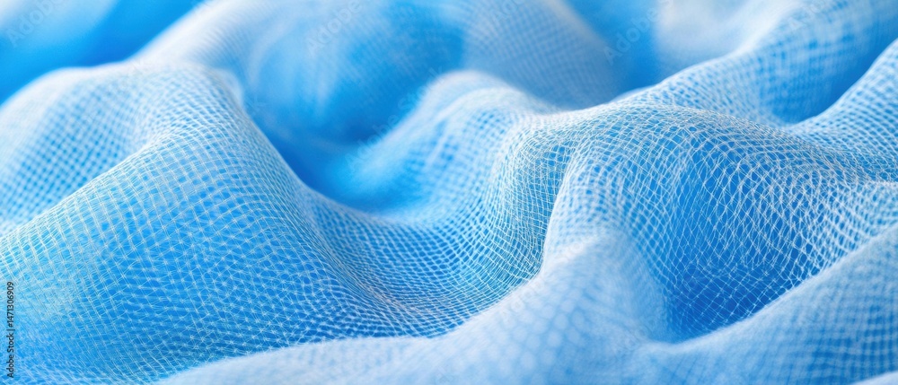 Poster abstract macro of light blue netting fabric with soft folds and delicate texture creating a gentle w