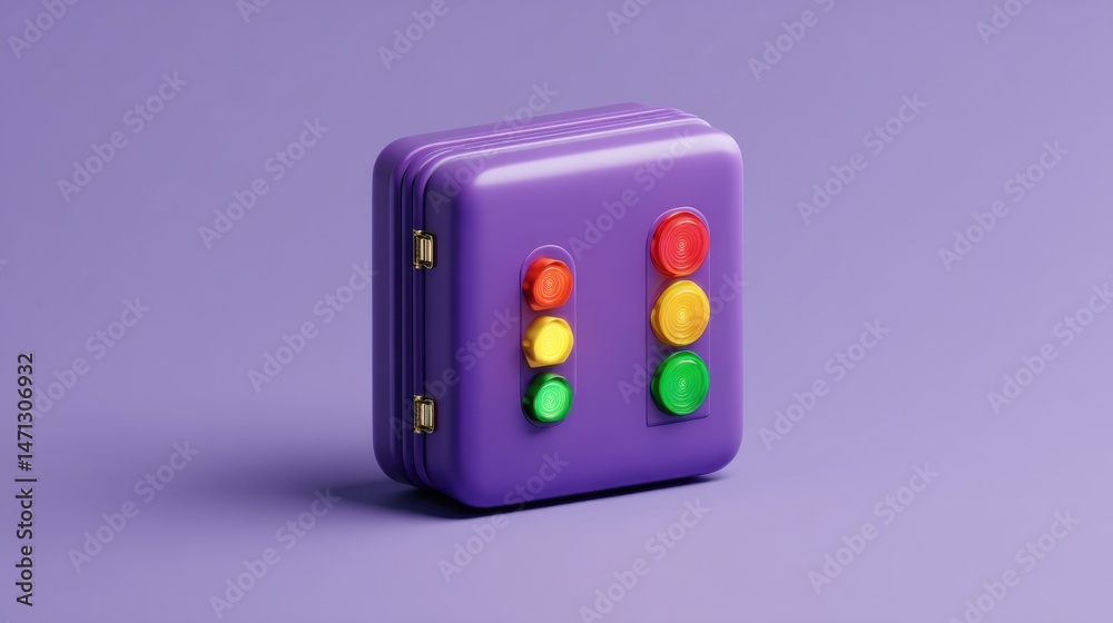 Poster purple suitcase with traffic light buttons on lilac background studio shot minimalist style