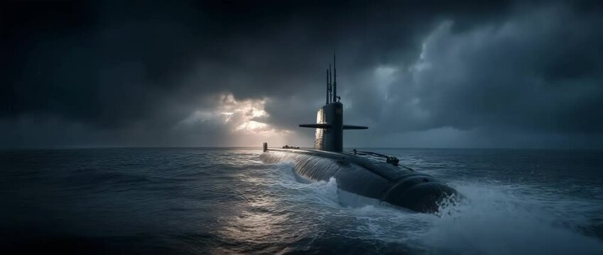 Feelings of might and stealth are evoked as a sleek, contemporary submarine slices through the ocean, striking a stark contrast with the stormy sky.