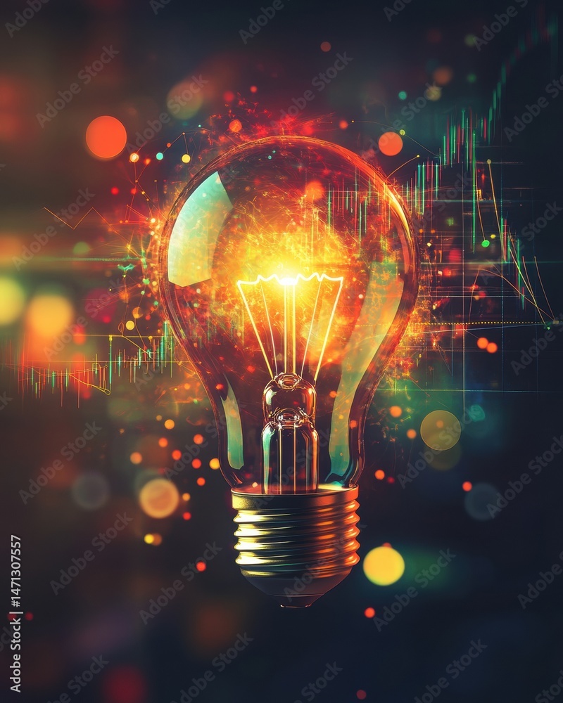 Poster glowing light bulb with financial chart overlay concept of innovation and investment strategy close 
