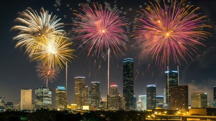 Vibrant Fireworks Display Over City Skyline at Night