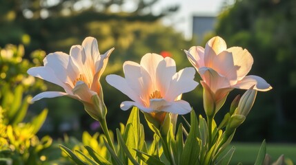 Beautiful Blooming Flowers in Soft Evening Light Garden Setting