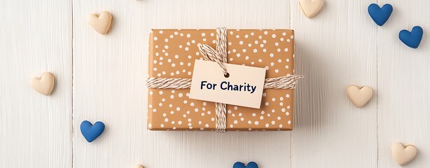 Gift Box with 'For Charity' Tag, Flat Art Illustration of Charity Gift Box with Label for Fundraising Campaigns, Gift Box with Charity Tag, Donation Box with ‘For Charity’ Tag
