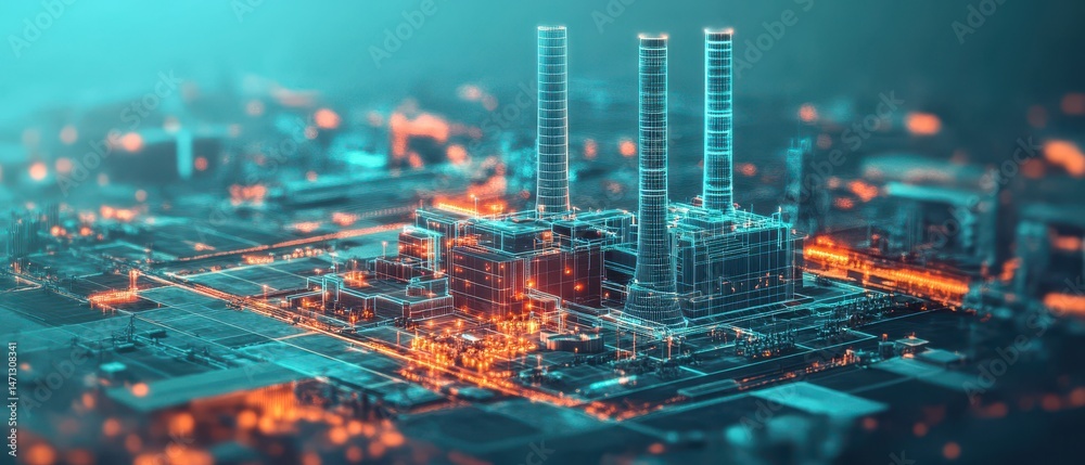 Aufkleber digital wireframe of industrial plant structure with chimneys and grid layout in teal and orange fut