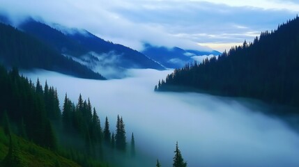 Obraz premium Serene Misty Landscape with Majestic Mountains and Evergreen Trees