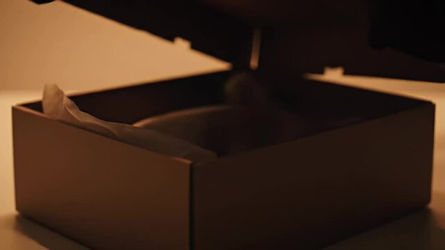 Opened brown box with tissue paper inside