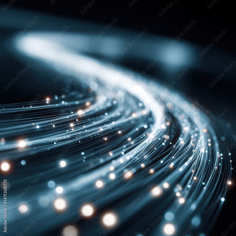 Poster Fiber optic cables transmit data in close-up view, abstract technology background with glowing lights, modern communication